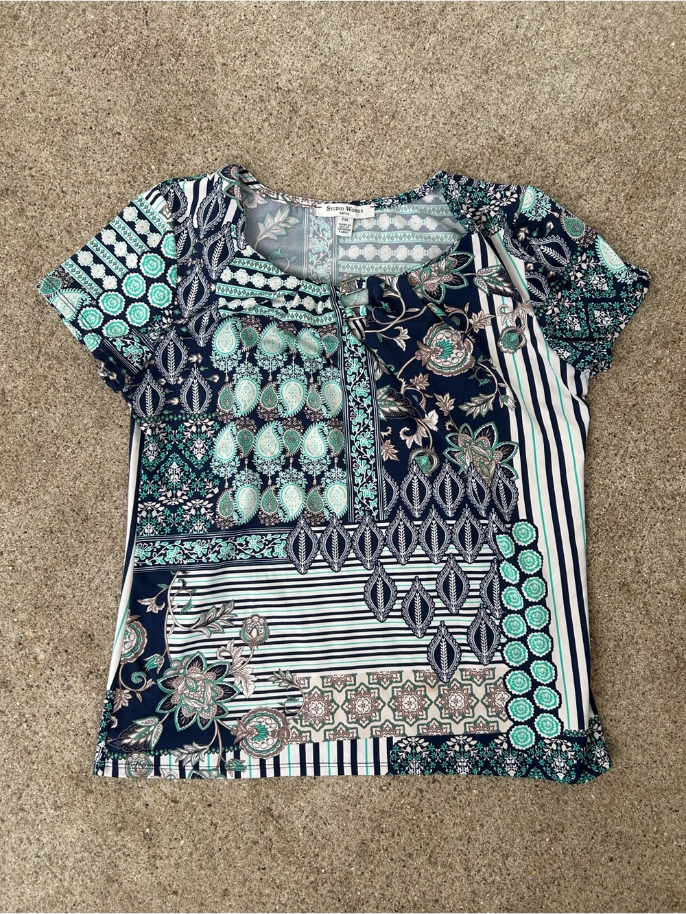 Studio Works Navy & Mint Patchwork Short-Sleeve Blouse